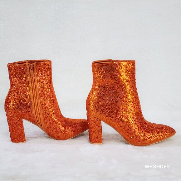 Crystel Orange Rhinestone Block Heel Ankle Boots - Picture 3 of 7